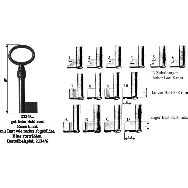 Schlüssel gefräst, Eisen blank für Zuhaltung 6, alte Schlüssel, antike  Möbelschlüssel
