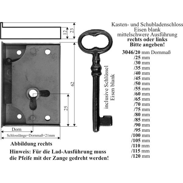 Kastenschloss groß, rustikal, Eisen, mit Schlüssel, Dorn 115mm rechts  3046/115 RE
